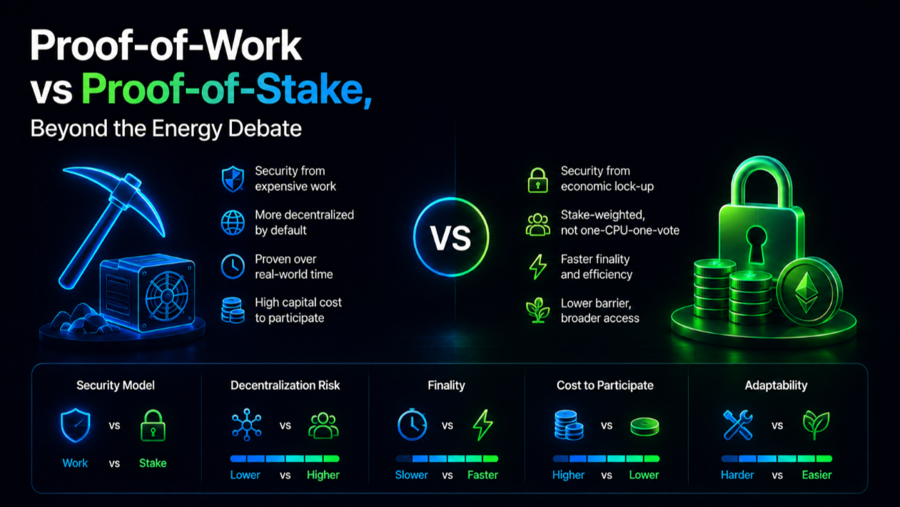 Proof-of-work versus proof-of-stake, beyond the energy debate